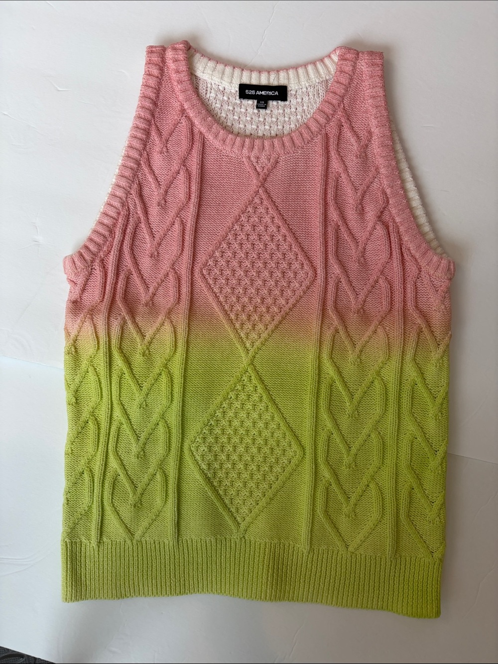525 America Pink to Lime Ombre Cable Knit Sleeveless Sweater Vest